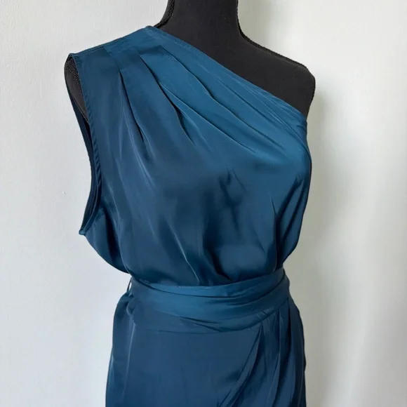 One-Shoulder Teal Blue Satin Dress - Picture 3 of 7